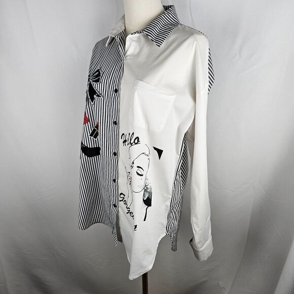 Frank Lyman Design Collection Shirt Medium Striped Woman Illustration Artsy B&W - Picture 8 of 12